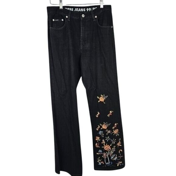 Vintage 90s Y2K Express Black Denim Bootcut Jeans 9/10 Floral Embroidered Boho - Picture 1 of 8